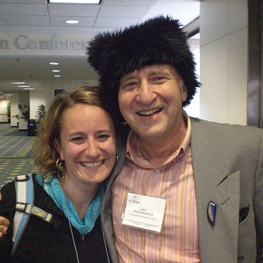 Dana Boyd with Ben Shneiderman wearing her hat at the ICWSM conference, Washington DC, Photo by Marc Smith, May 26, 2010